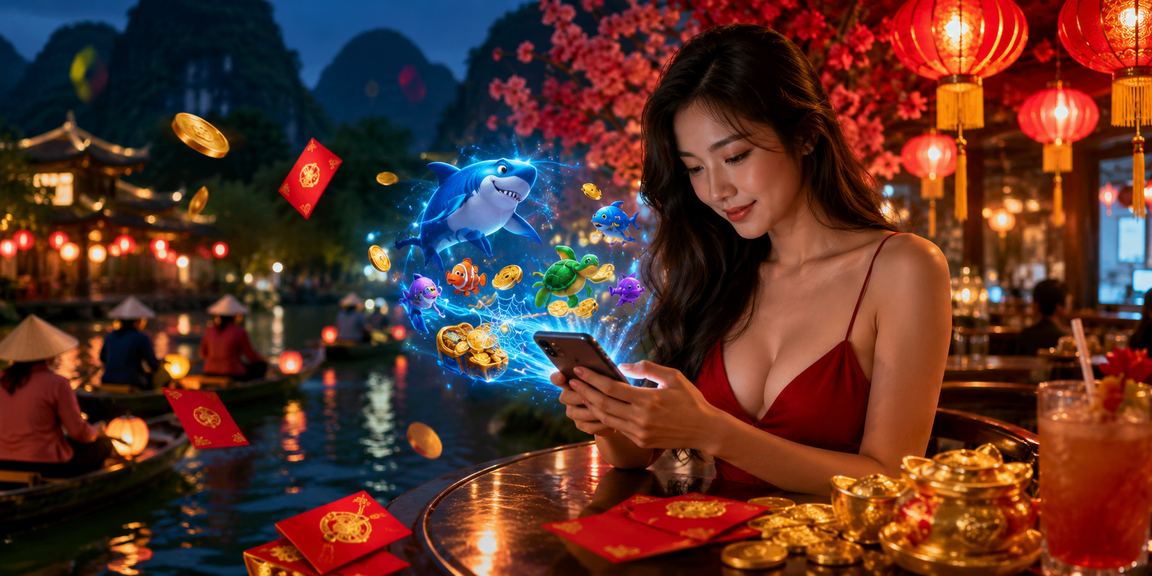 Người dùng trải nghiệm trò chơi bắn cá tại chợ đêm Ninh Bình trên điện thoại